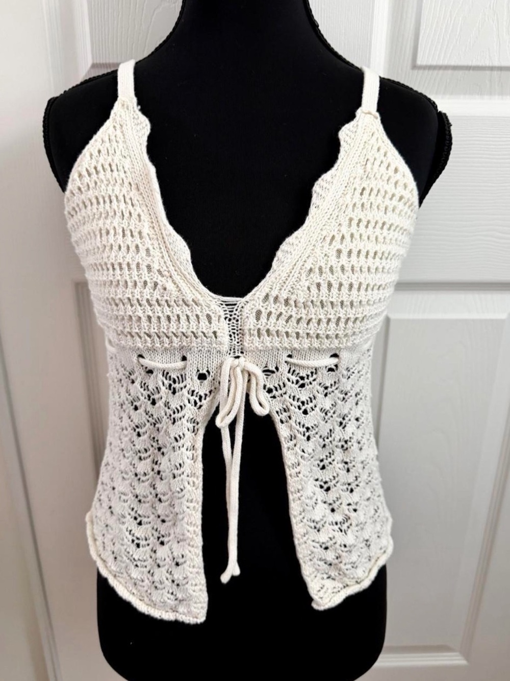 cream crochet knit tie front cami top